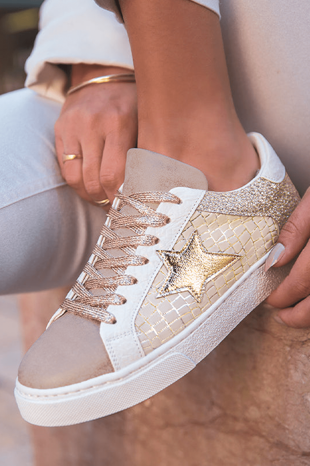 Gold Glitter Star Patchwork PU Leather Lace - up Sneakers - MAD RUFFI