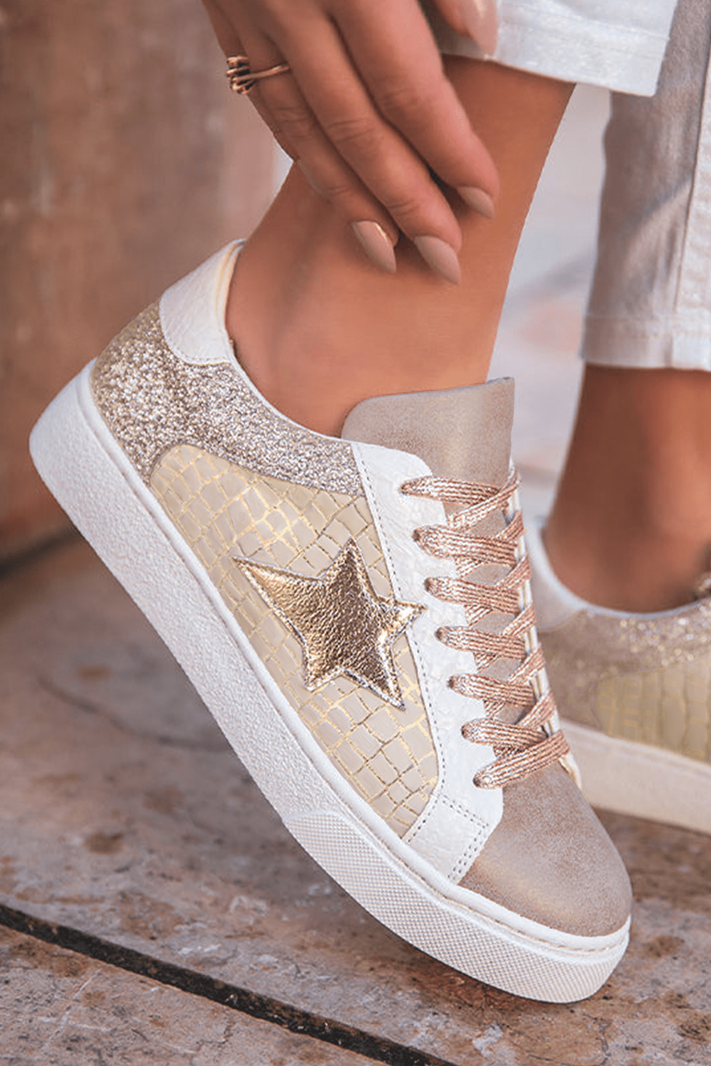 Gold Glitter Star Patchwork PU Leather Lace - up Sneakers - MAD RUFFI