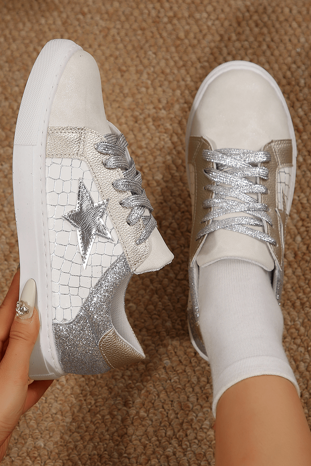 Gold Glitter Star Patchwork PU Leather Lace - up Sneakers - MAD RUFFI