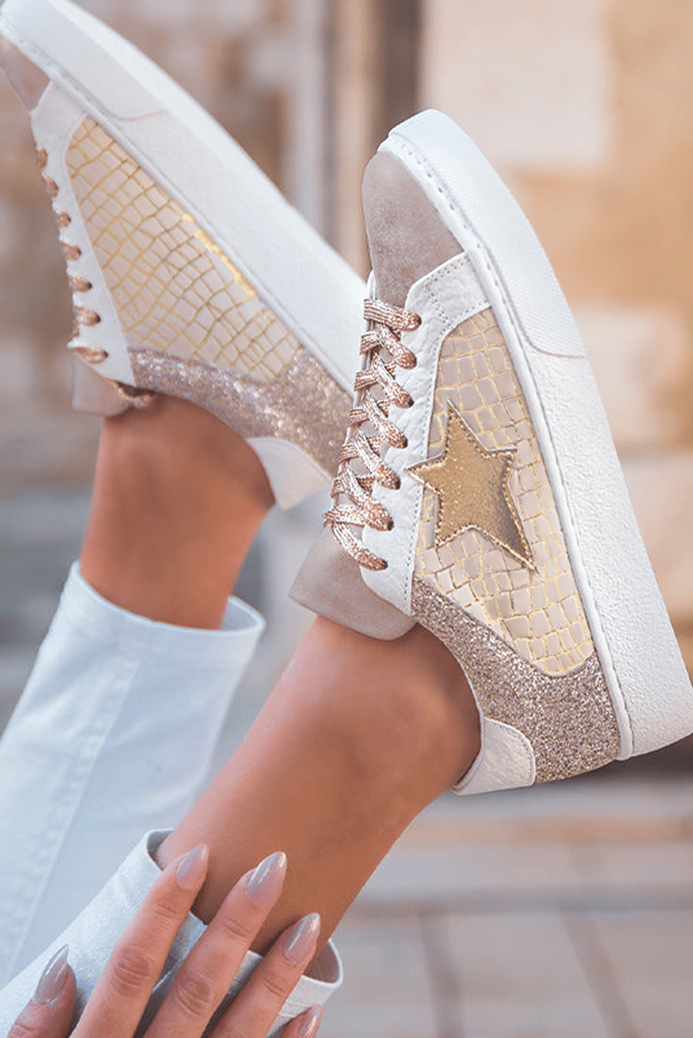 Gold Glitter Star Patchwork PU Leather Lace - up Sneakers - MAD RUFFI