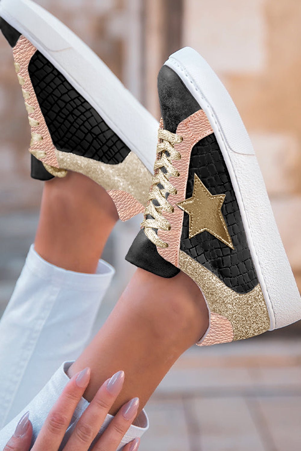 Gold Glitter Star Patchwork PU Leather Lace - up Sneakers - MAD RUFFI
