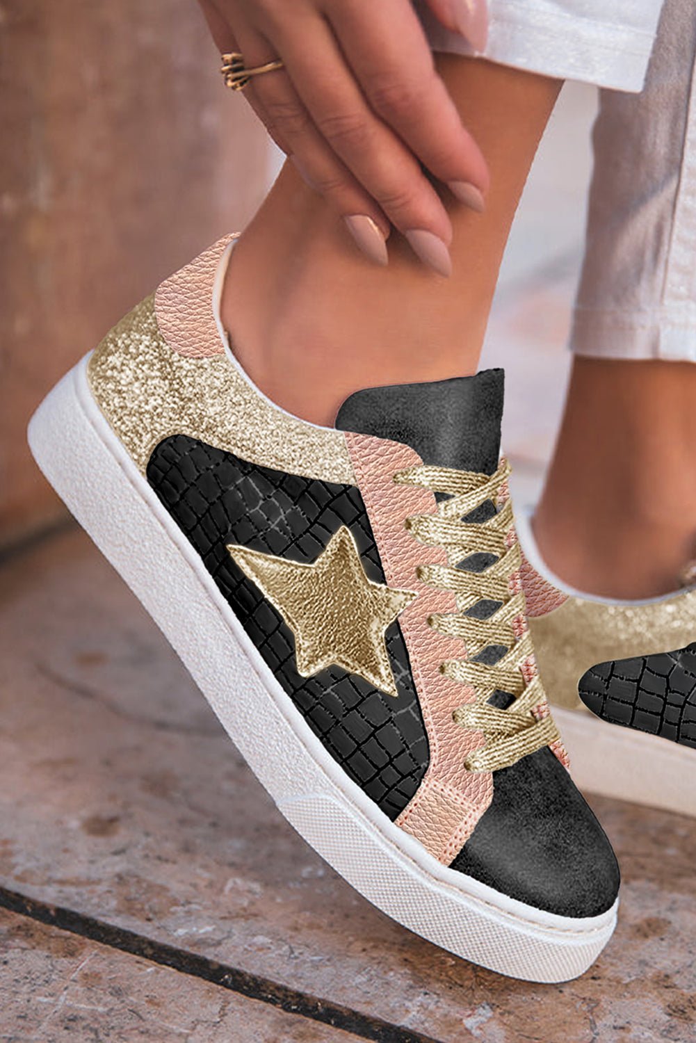 Gold Glitter Star Patchwork PU Leather Lace - up Sneakers - MAD RUFFI