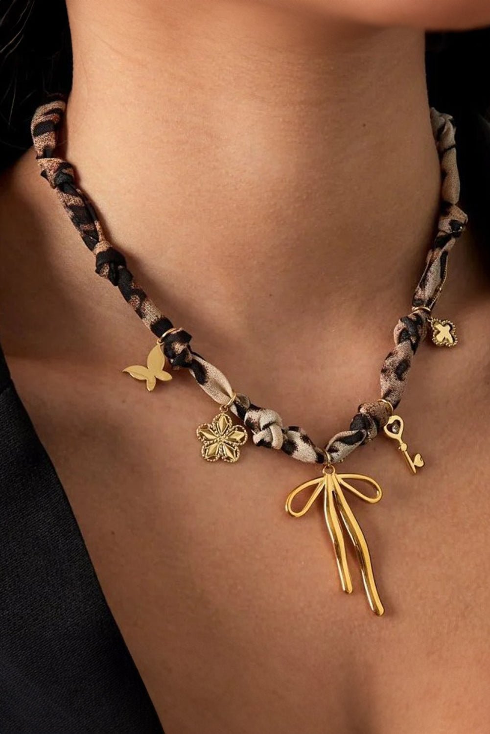Gold Heart Cross Flower Bow Charm Leopard Scarf Necklace - MAD RUFFI