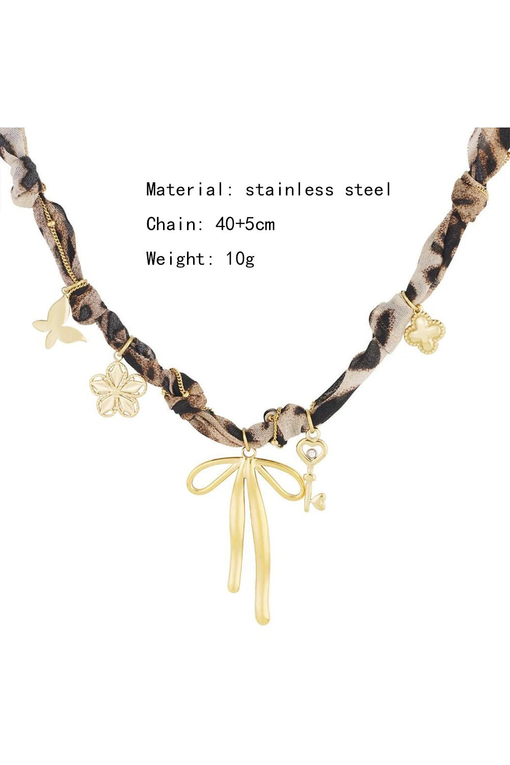 Gold Heart Cross Flower Bow Charm Leopard Scarf Necklace - MAD RUFFI