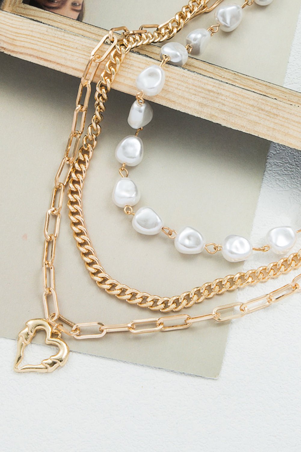 Gold Heart Pendant Pearl Chain Multi - Layered Necklace - MAD RUFFI