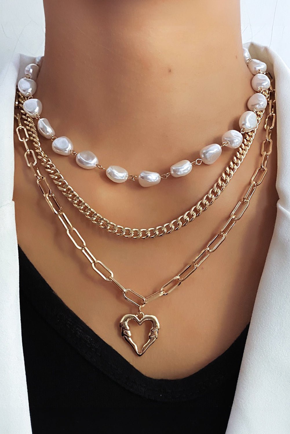 Gold Heart Pendant Pearl Chain Multi - Layered Necklace - MAD RUFFI