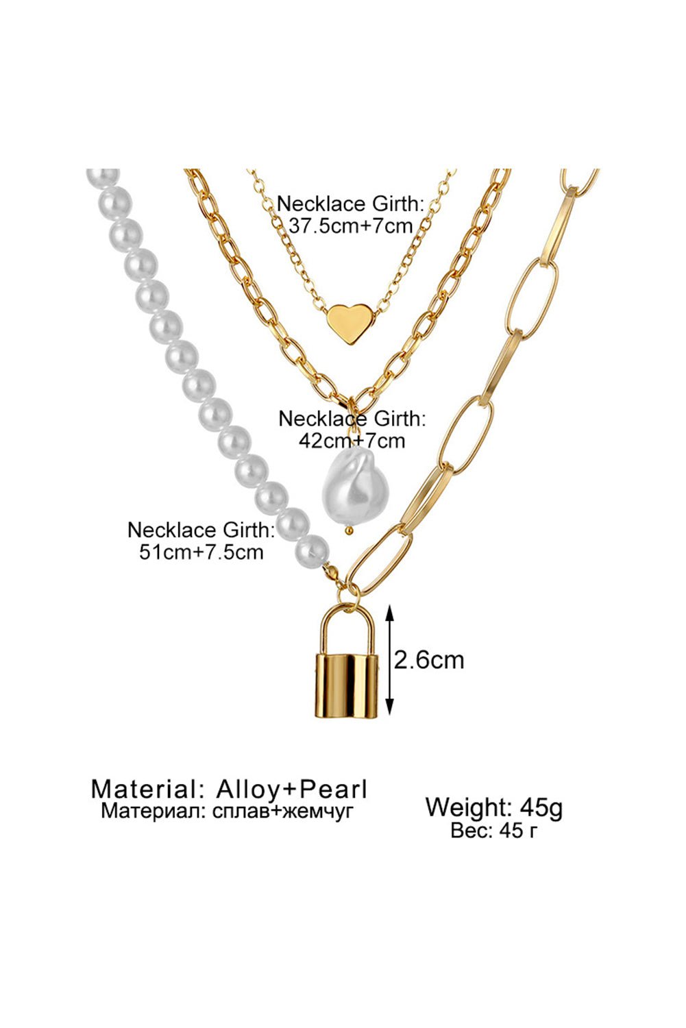 Gold Lock Heart Pendant Pearl Chain Multi - Layer Necklace - MAD RUFFI