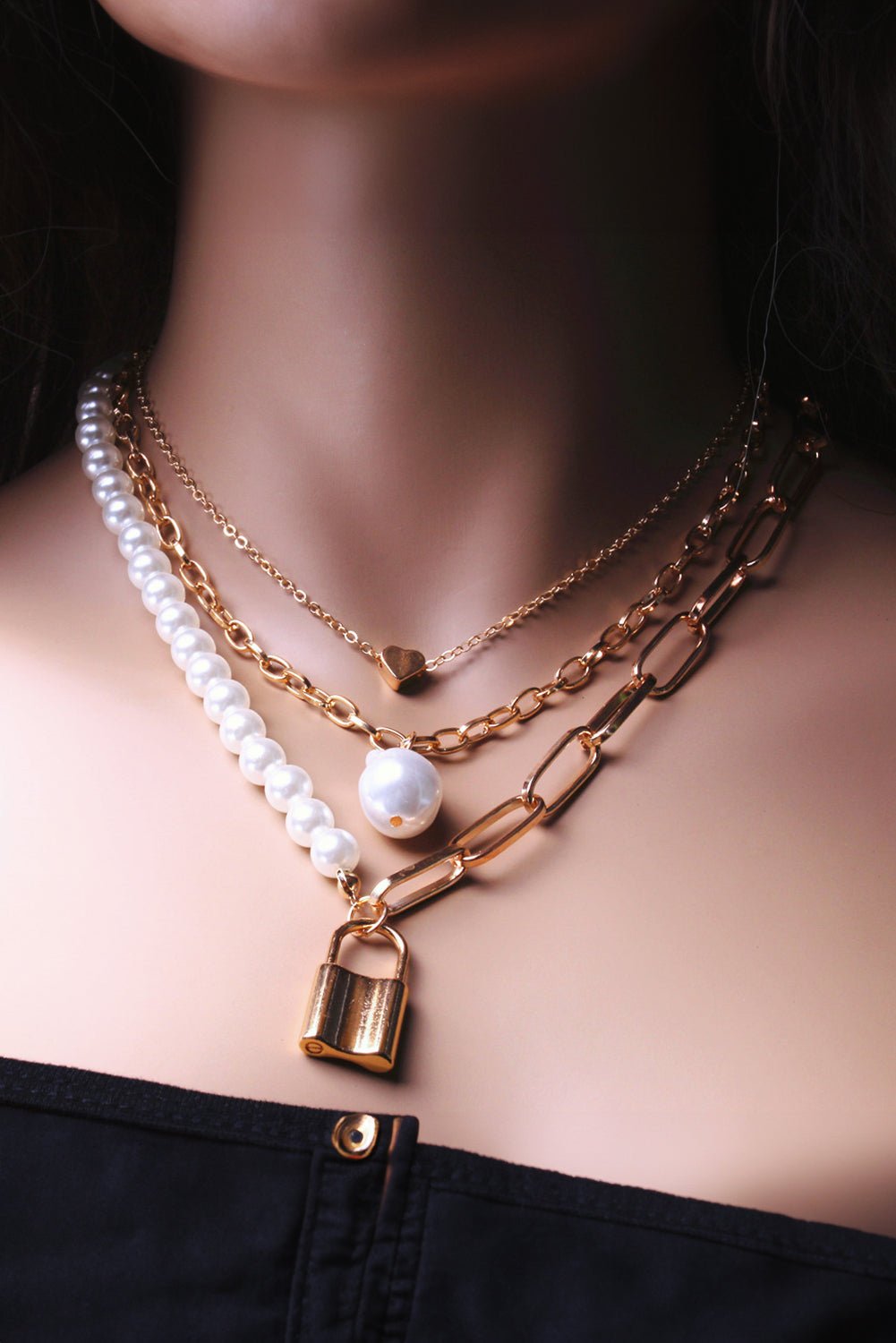 Gold Lock Heart Pendant Pearl Chain Multi - Layer Necklace - MAD RUFFI