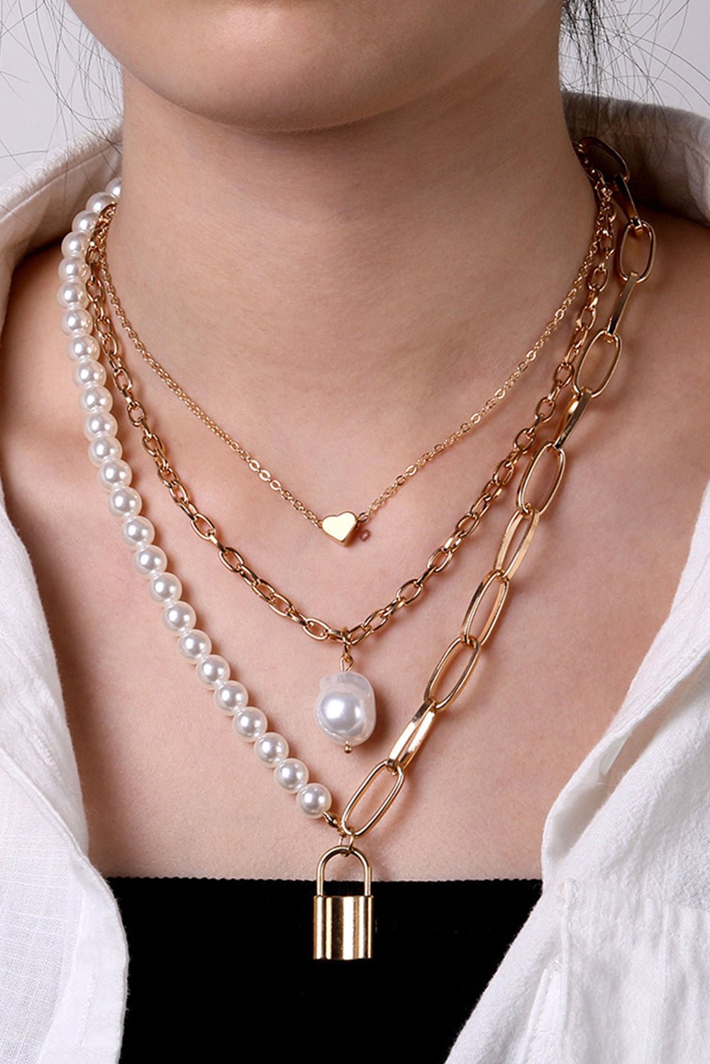 Gold Lock Heart Pendant Pearl Chain Multi - Layer Necklace - MAD RUFFI