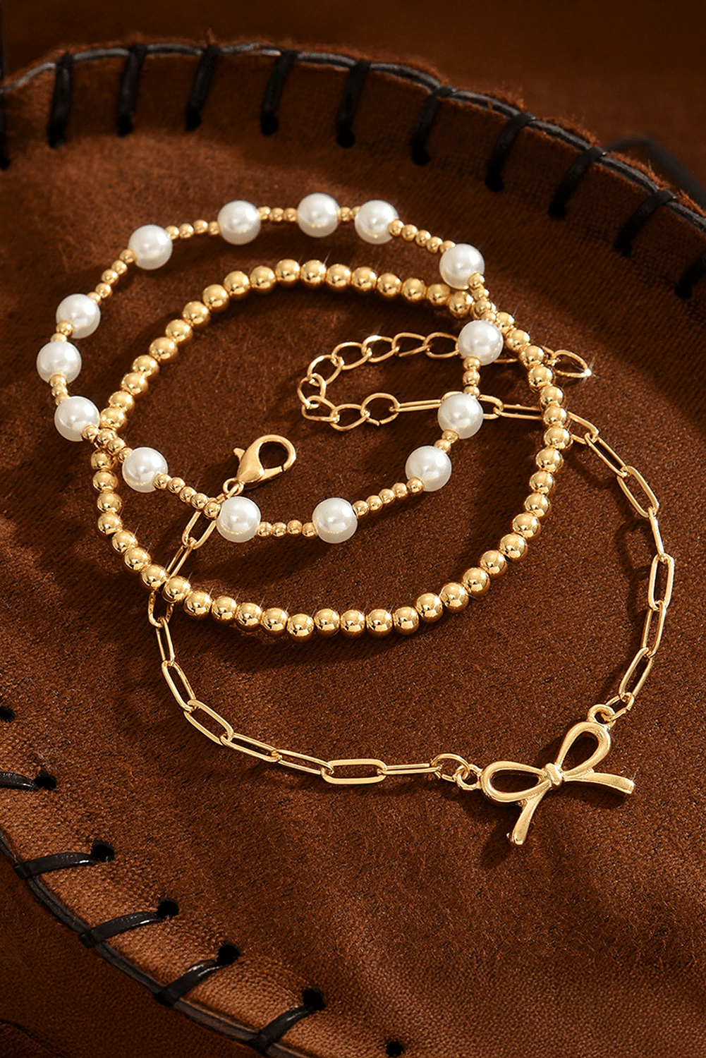 Gold Pearl Bead Bow Charm Layered Bracelet Set - MAD RUFFI