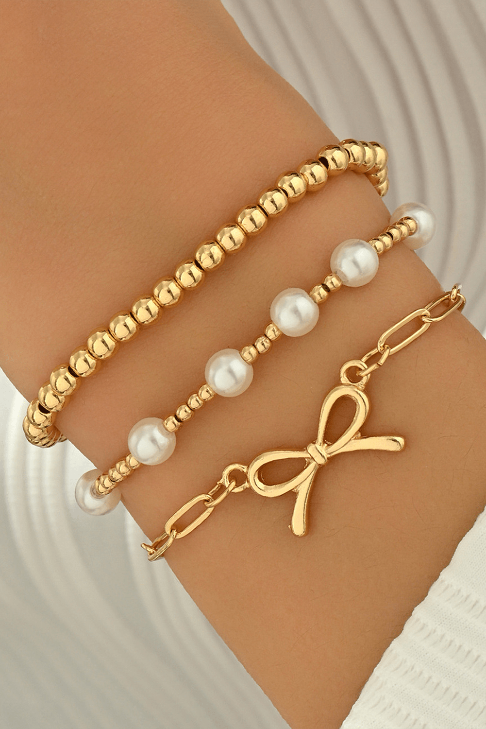 Gold Pearl Bead Bow Charm Layered Bracelet Set - MAD RUFFI