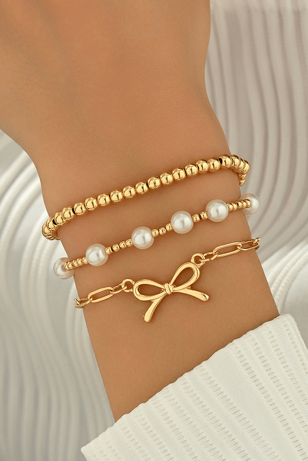 Gold Pearl Bead Bow Charm Layered Bracelet Set - MAD RUFFI