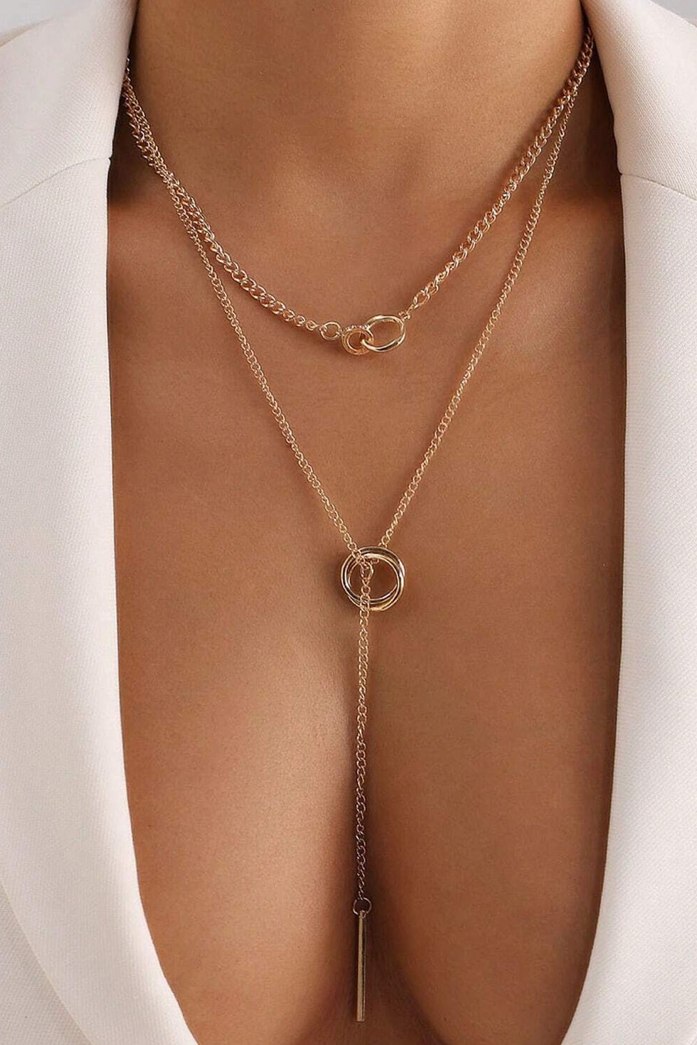 Gold Plated Double Layer O-Ring Long Stick Pendant Chain Necklace - MAD RUFFI