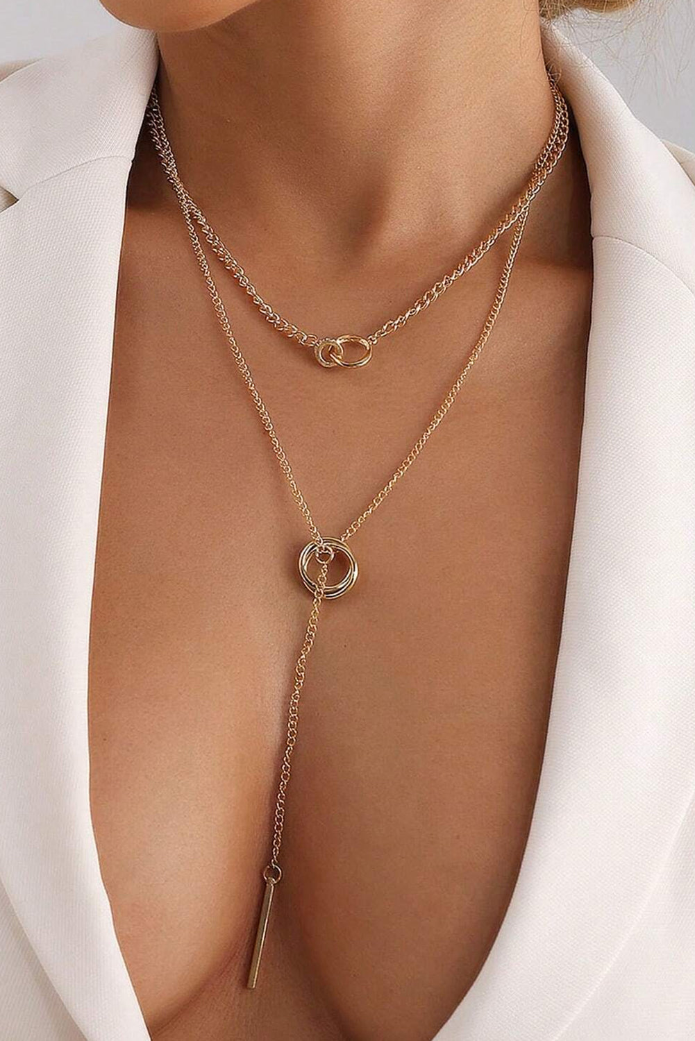 Gold Plated Double Layer O-Ring Long Stick Pendant Chain Necklace - MAD RUFFI