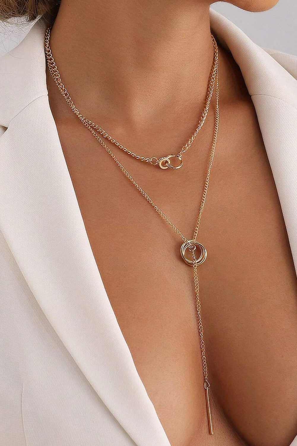 Gold Plated Double Layer O-Ring Long Stick Pendant Chain Necklace - MAD RUFFI