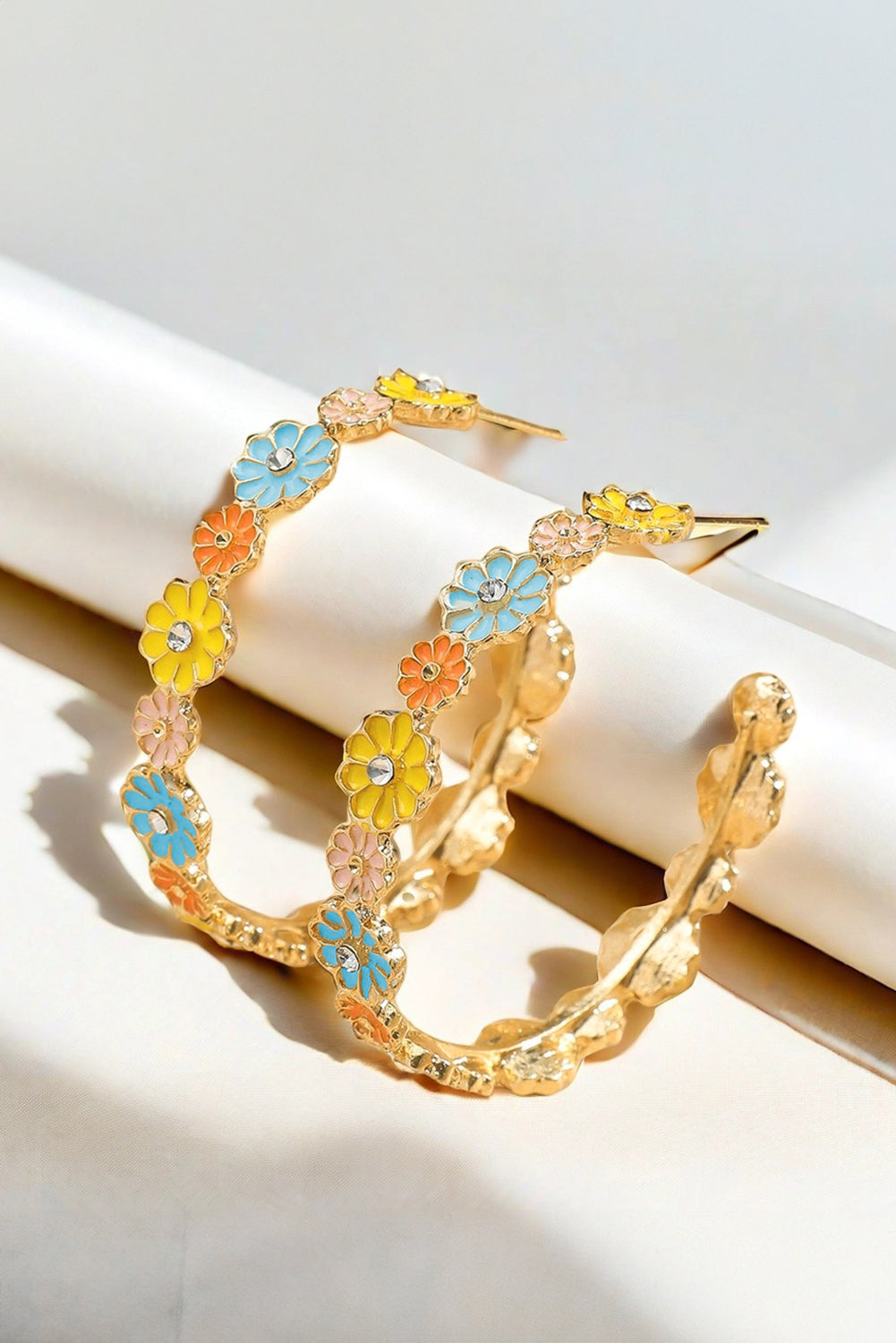 Gold Rhinestone Daisy Flowers Hoop Earrings - MAD RUFFI