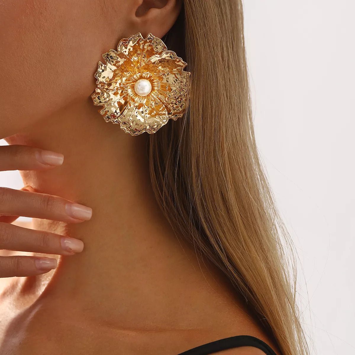 Gold Textured Flower Pearl Center Statement Earrings - MAD RUFFI
