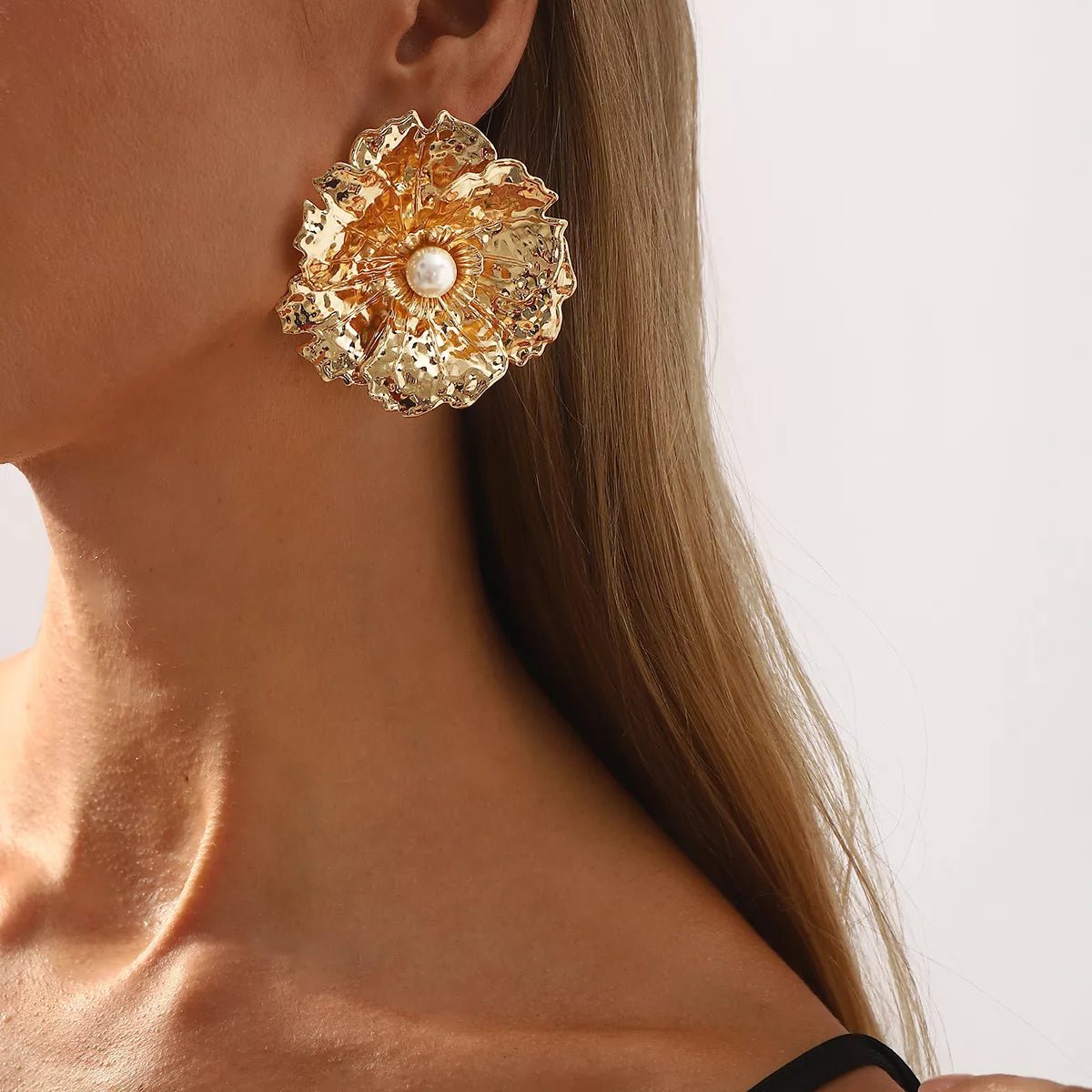 Gold Textured Flower Pearl Center Statement Earrings - MAD RUFFI