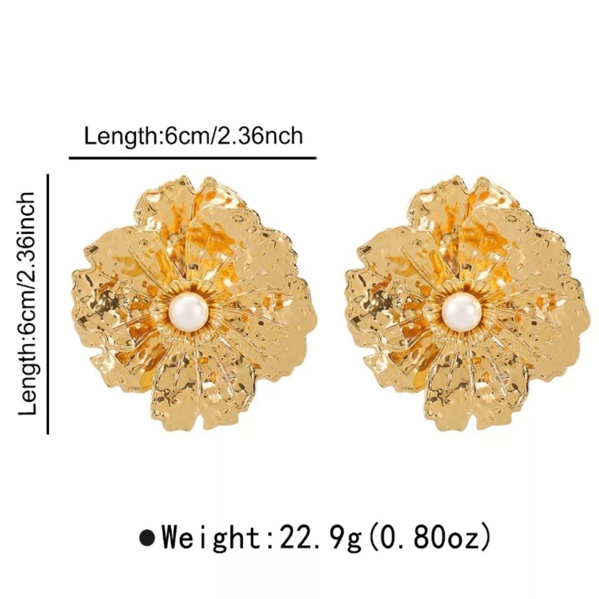Gold Textured Flower Pearl Center Statement Earrings - MAD RUFFI