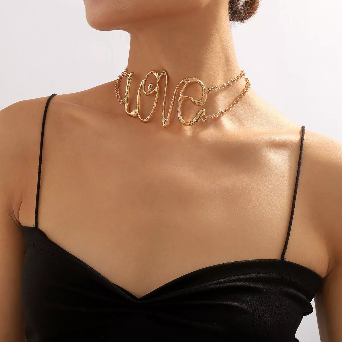 Gold Wire Love Script Statement Necklace - MAD RUFFI
