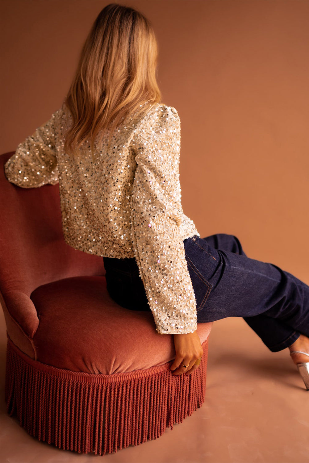 Golden Fleece Sequin Open Front Collarless Jacket - MAD RUFFI