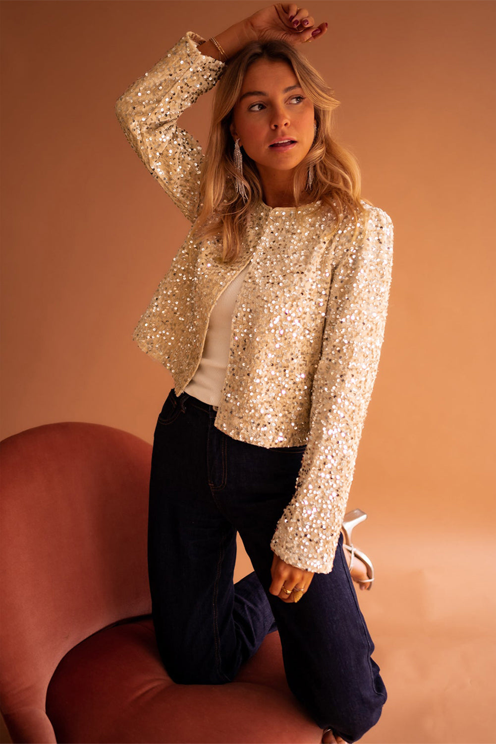 Golden Fleece Sequin Open Front Collarless Jacket - MAD RUFFI