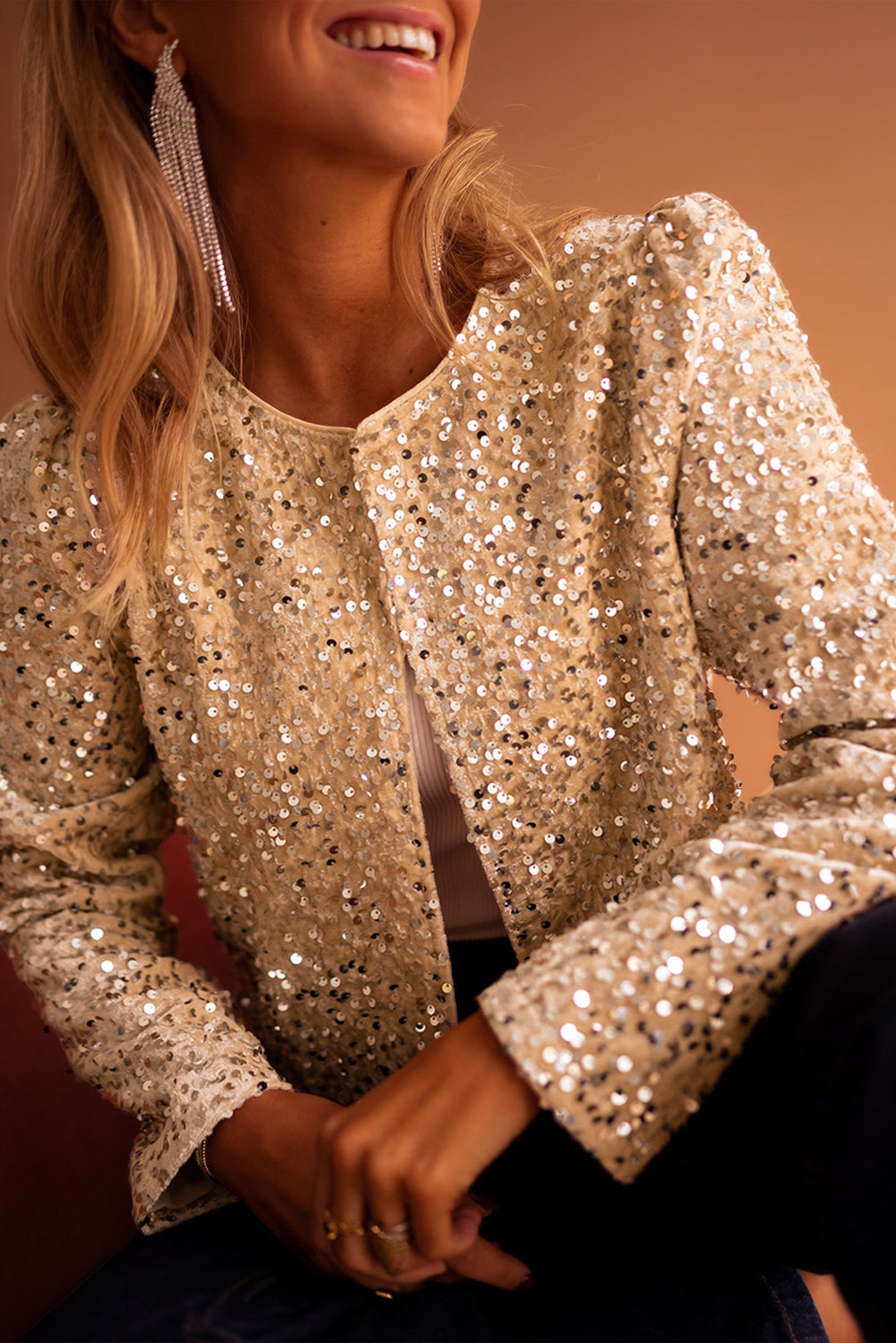 Golden Fleece Sequin Open Front Collarless Jacket - MAD RUFFI