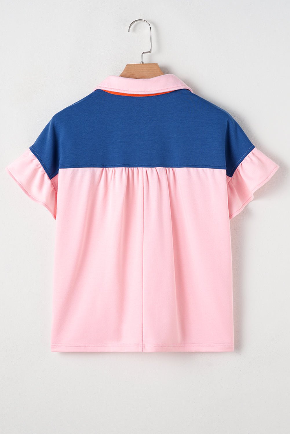 Gossamer Pink Color Block Half Buttoned Ruffled Short Sleeve Pop of Color Neckline T Shirt - MAD RUFFI