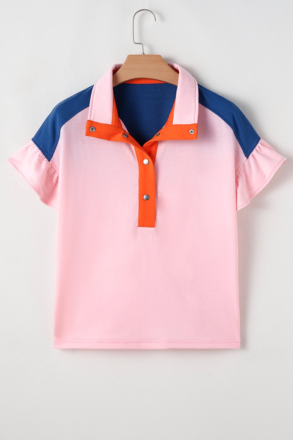 Gossamer Pink Color Block Half Buttoned Ruffled Short Sleeve Pop of Color Neckline T Shirt - MAD RUFFI