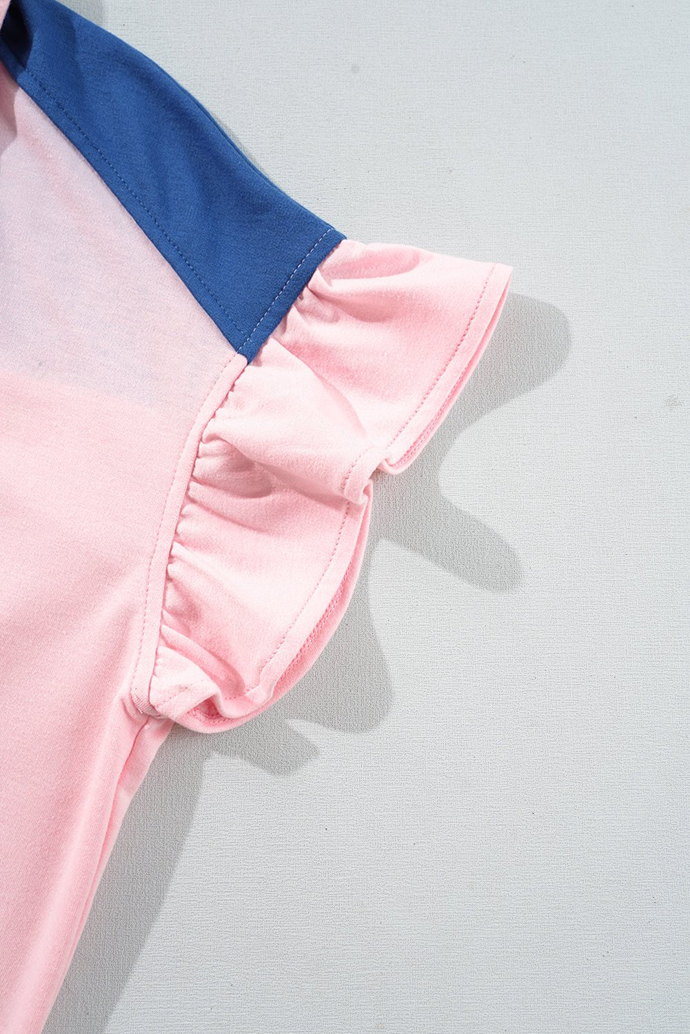 Gossamer Pink Color Block Half Buttoned Ruffled Short Sleeve Pop of Color Neckline T Shirt - MAD RUFFI
