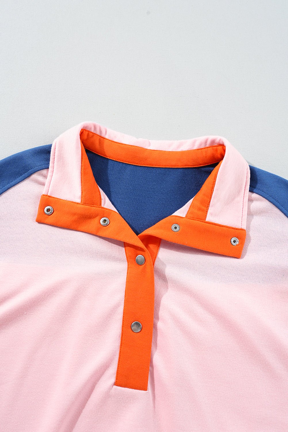 Gossamer Pink Color Block Half Buttoned Ruffled Short Sleeve Pop of Color Neckline T Shirt - MAD RUFFI