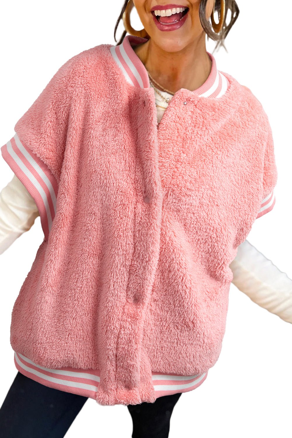 Gossamer Pink Contrast Trim Plush Sleeveless Coat - MAD RUFFI