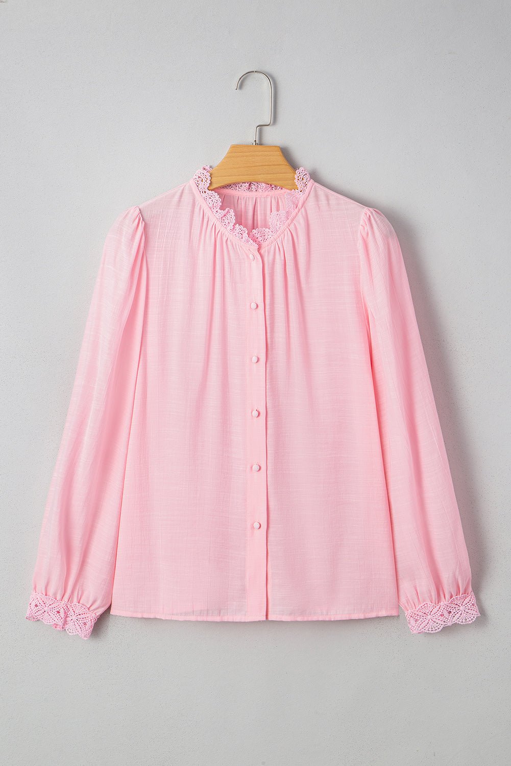 Gossamer Pink Lace Patchwork Edge Collarless Button Up Shirt - MAD RUFFI