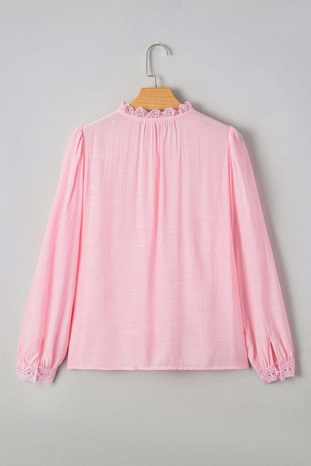 Gossamer Pink Lace Patchwork Edge Collarless Button Up Shirt - MAD RUFFI