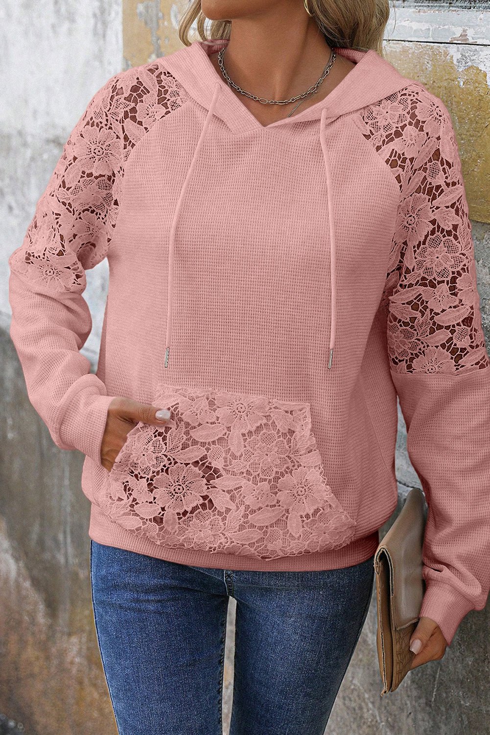 Gossamer Pink Lace Patchwork Raglan Sleeve Kangaroo Pocket Waffle Hoodie - MAD RUFFI