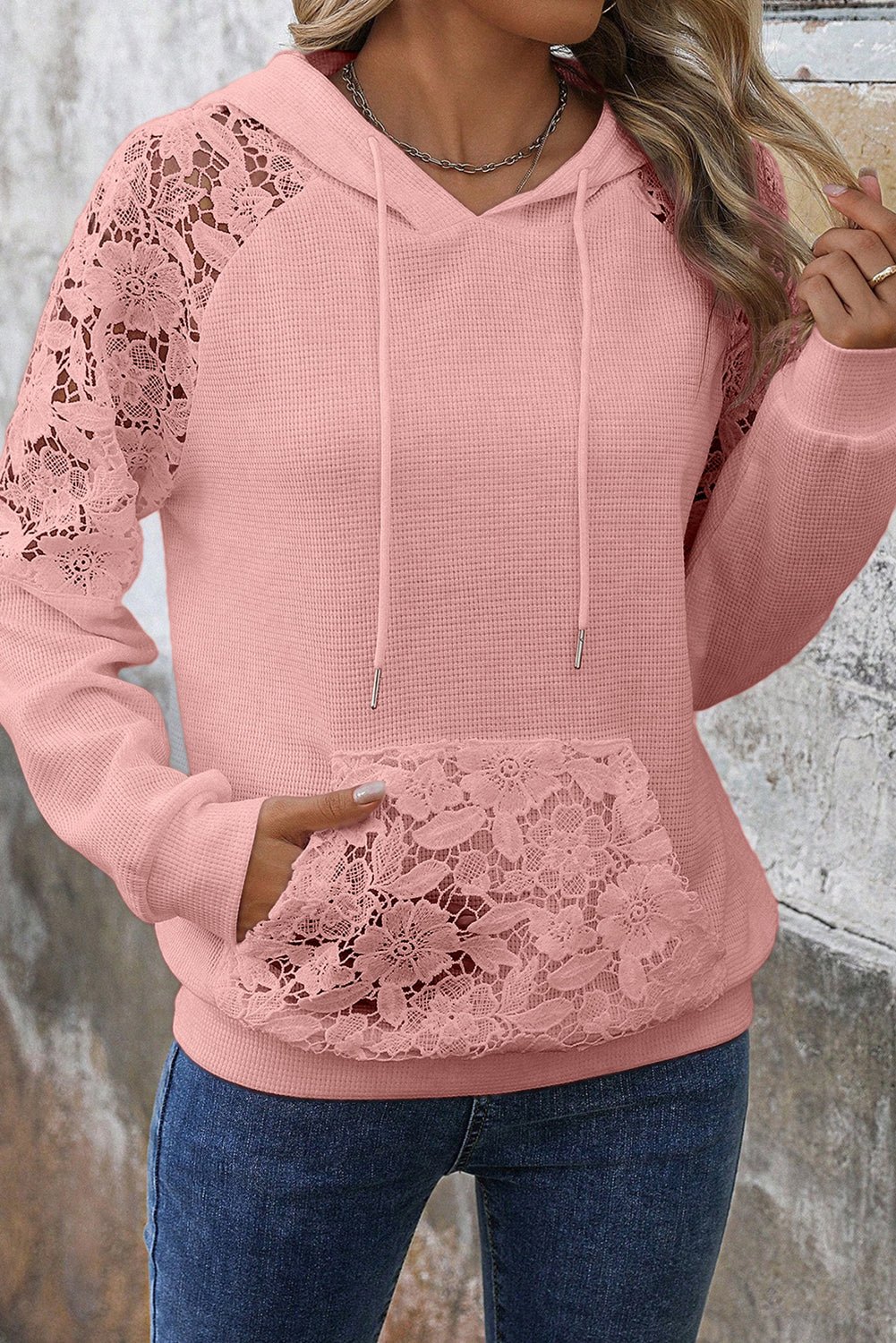 Gossamer Pink Lace Patchwork Raglan Sleeve Kangaroo Pocket Waffle Hoodie - MAD RUFFI