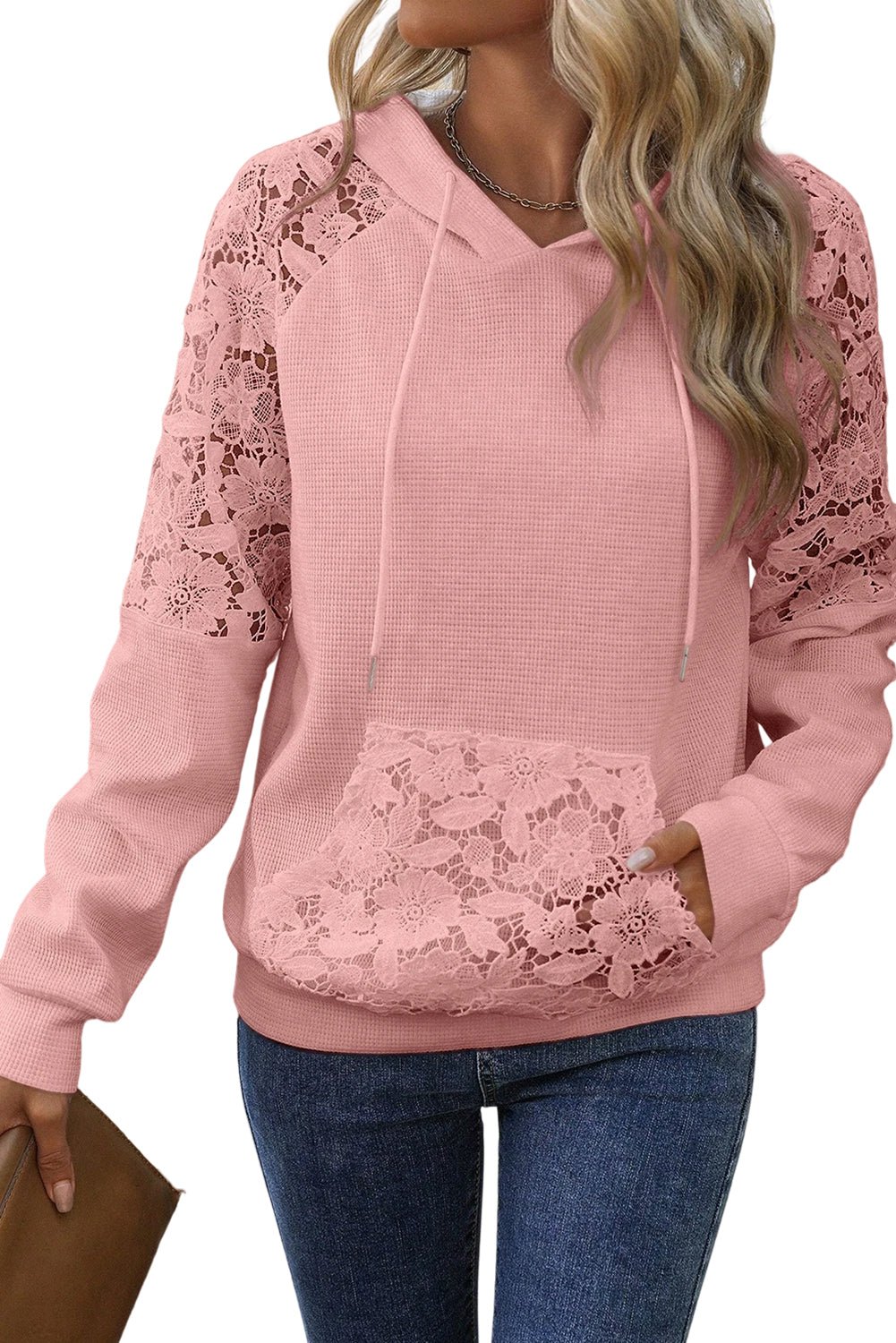 Gossamer Pink Lace Patchwork Raglan Sleeve Kangaroo Pocket Waffle Hoodie - MAD RUFFI
