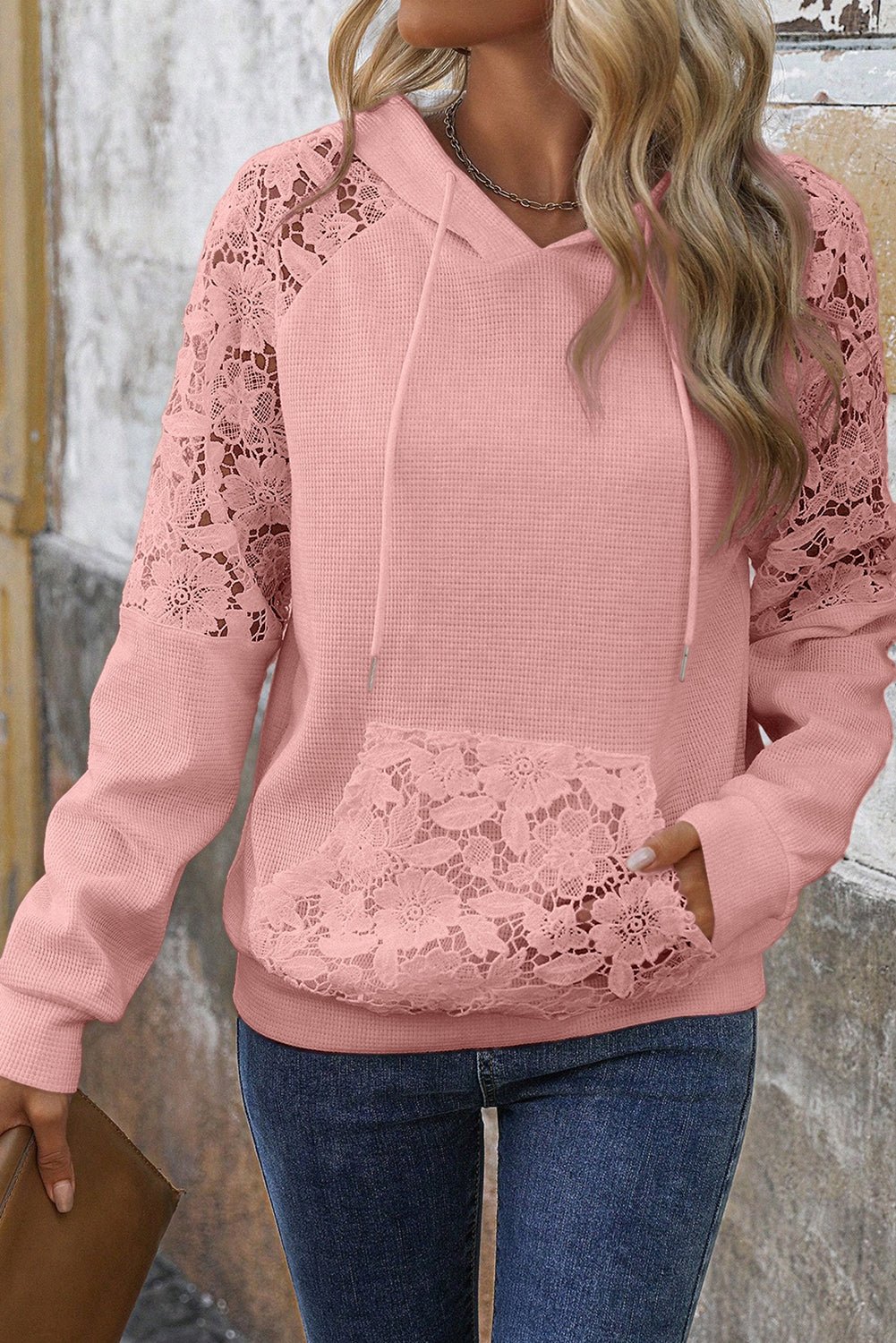 Gossamer Pink Lace Patchwork Raglan Sleeve Kangaroo Pocket Waffle Hoodie - MAD RUFFI