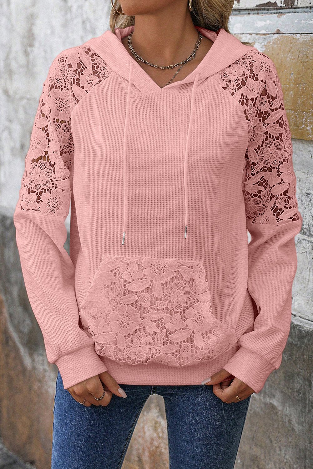 Gossamer Pink Lace Patchwork Raglan Sleeve Kangaroo Pocket Waffle Hoodie - MAD RUFFI