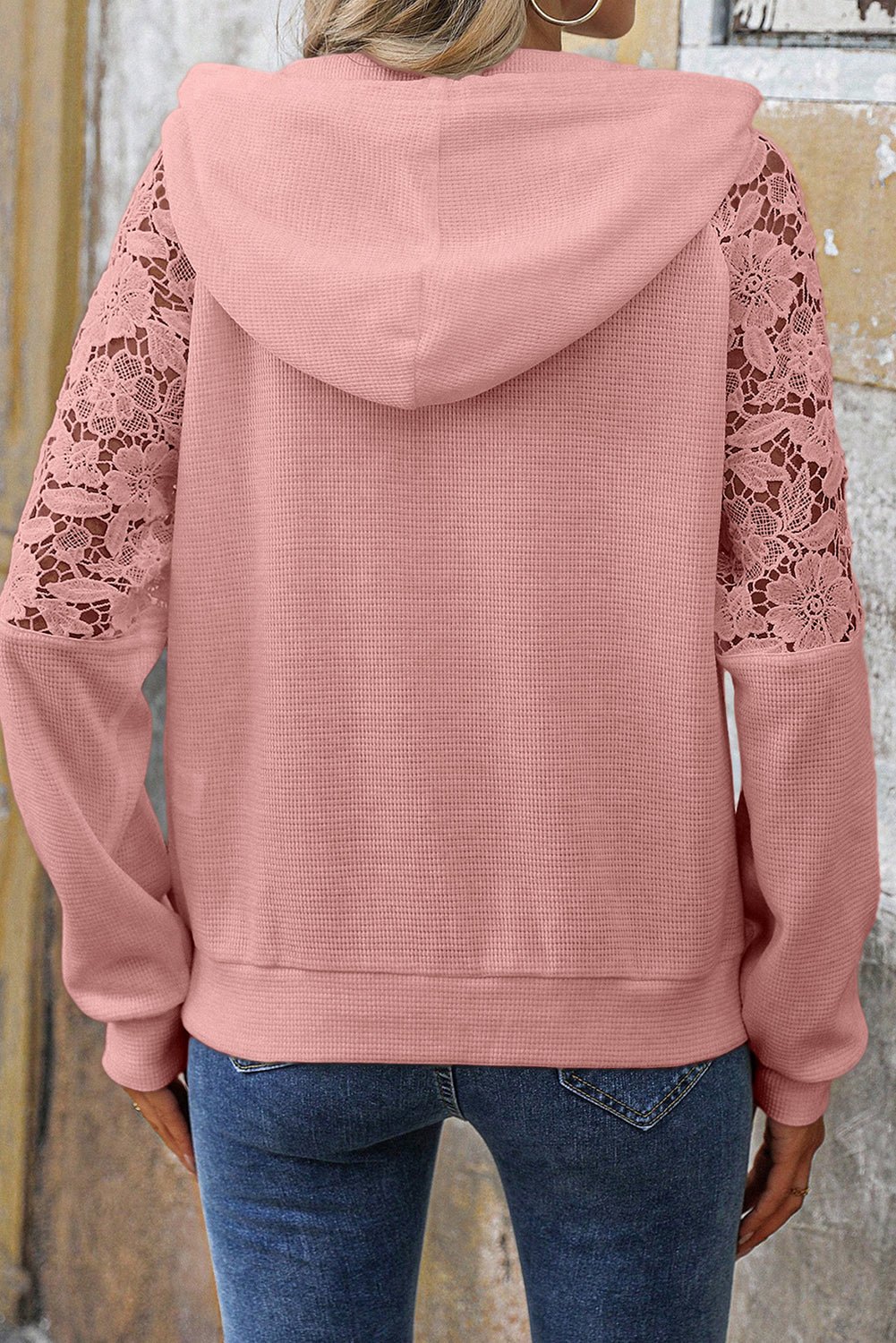 Gossamer Pink Lace Patchwork Raglan Sleeve Kangaroo Pocket Waffle Hoodie - MAD RUFFI