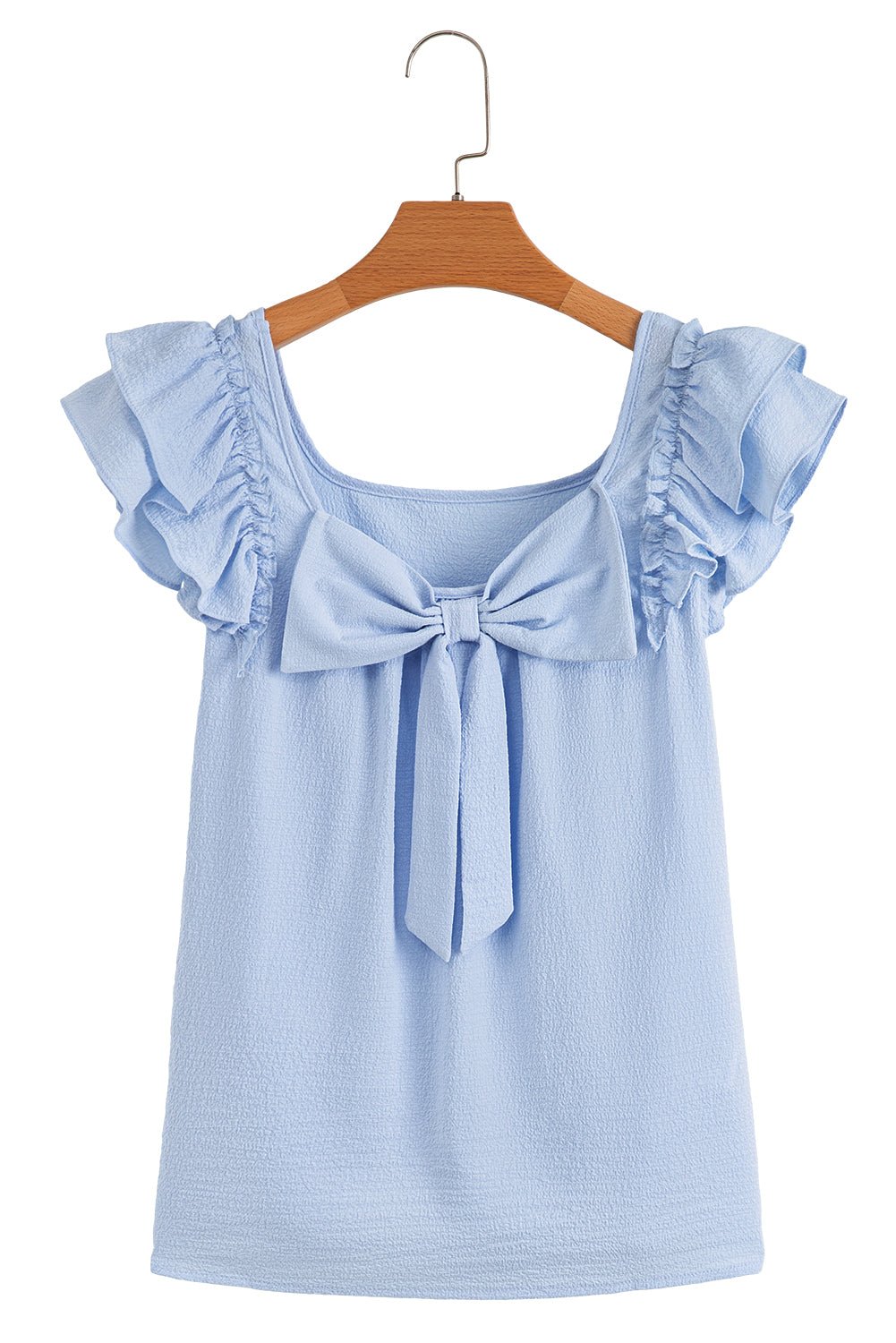 Gossamer Pink Textured Bow Frilled Ruffle Sleeve Blouse - MAD RUFFI
