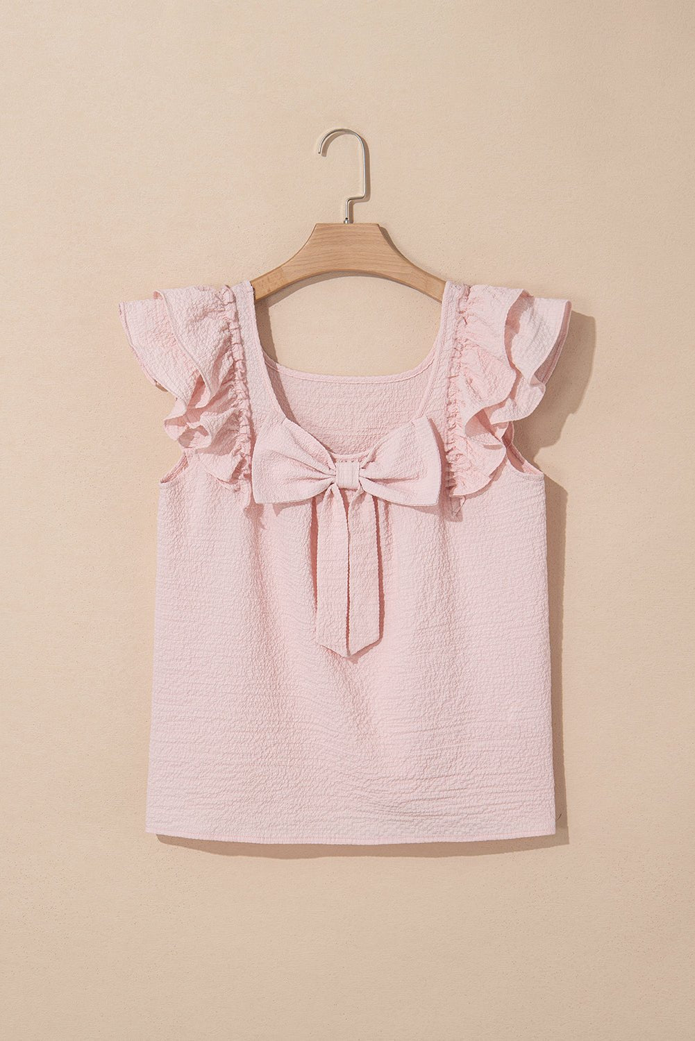 Gossamer Pink Textured Bow Frilled Ruffle Sleeve Blouse - MAD RUFFI