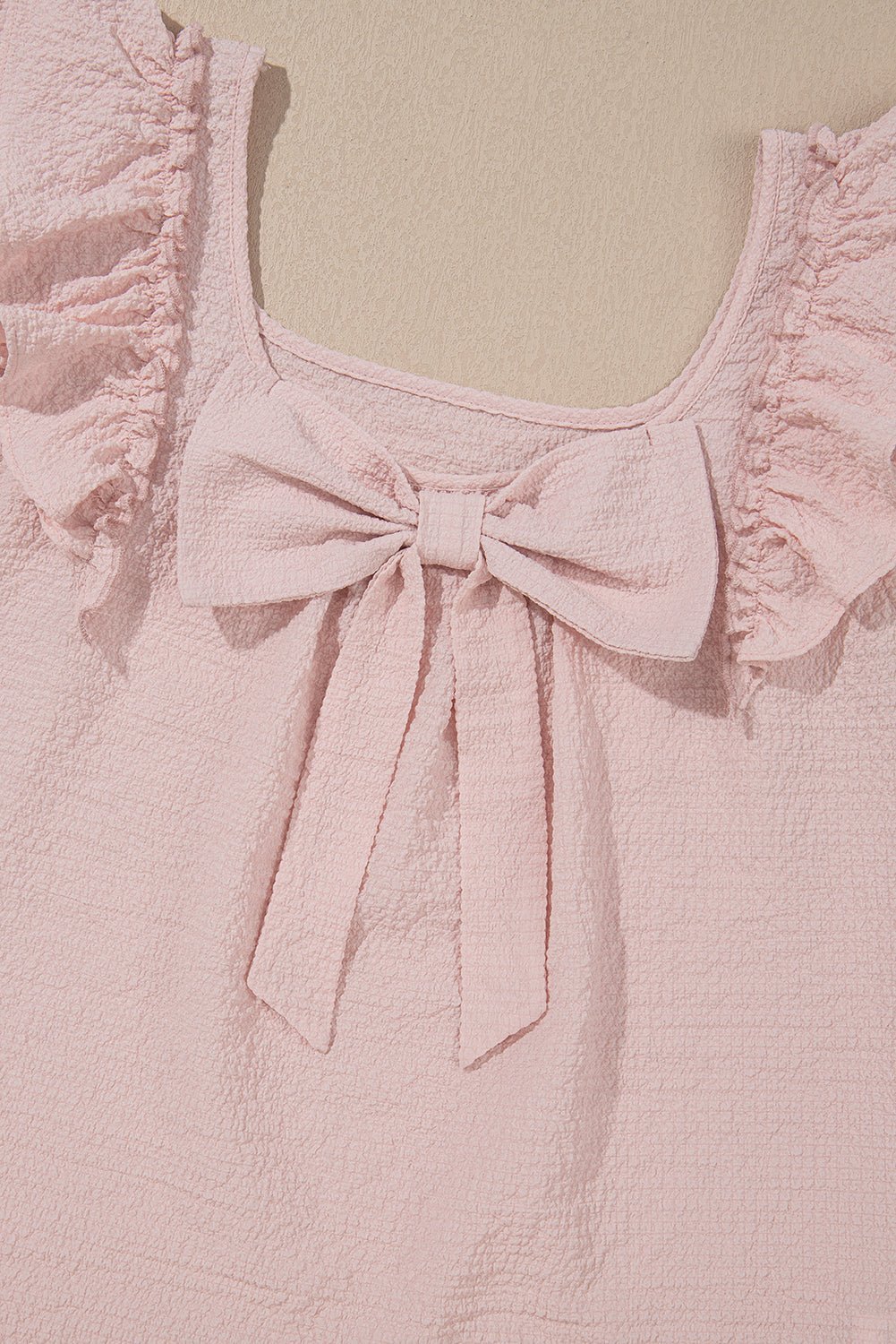 Gossamer Pink Textured Bow Frilled Ruffle Sleeve Blouse - MAD RUFFI