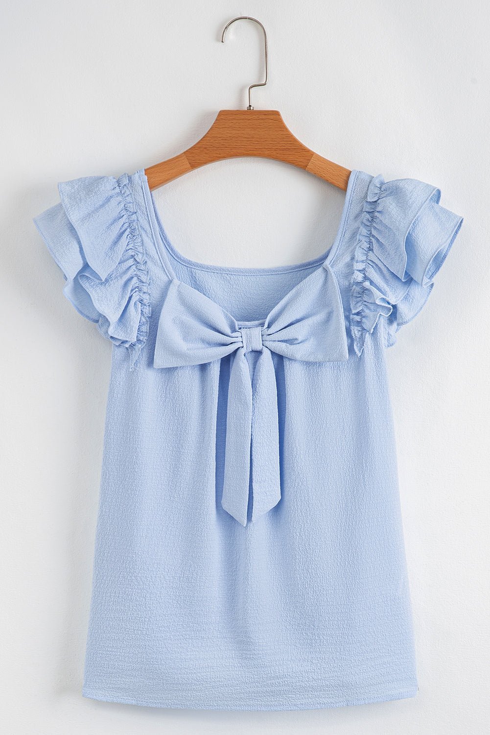 Gossamer Pink Textured Bow Frilled Ruffle Sleeve Blouse - MAD RUFFI