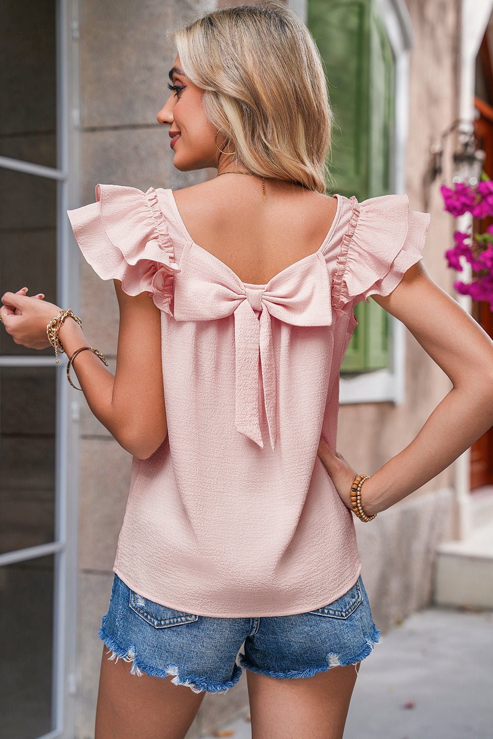 Gossamer Pink Textured Bow Frilled Ruffle Sleeve Blouse - MAD RUFFI