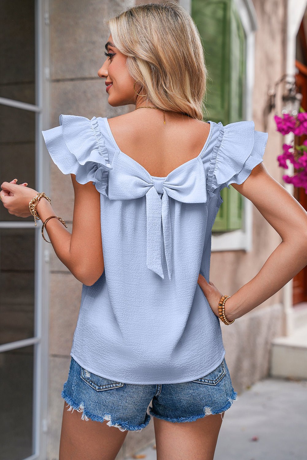 Gossamer Pink Textured Bow Frilled Ruffle Sleeve Blouse - MAD RUFFI