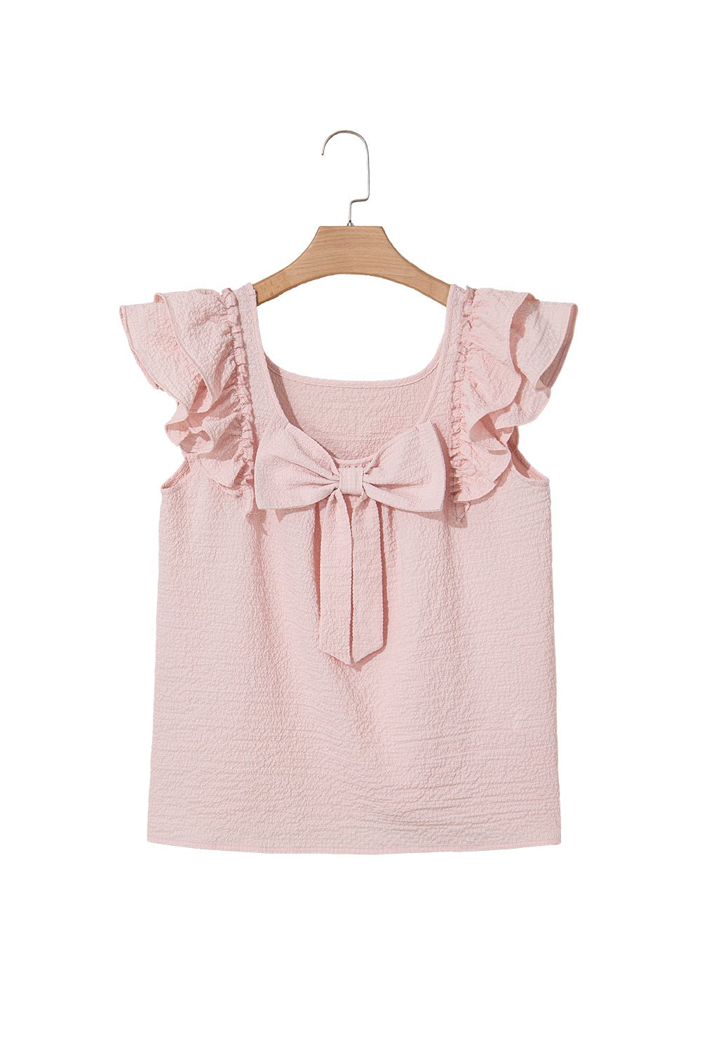 Gossamer Pink Textured Bow Frilled Ruffle Sleeve Blouse - MAD RUFFI