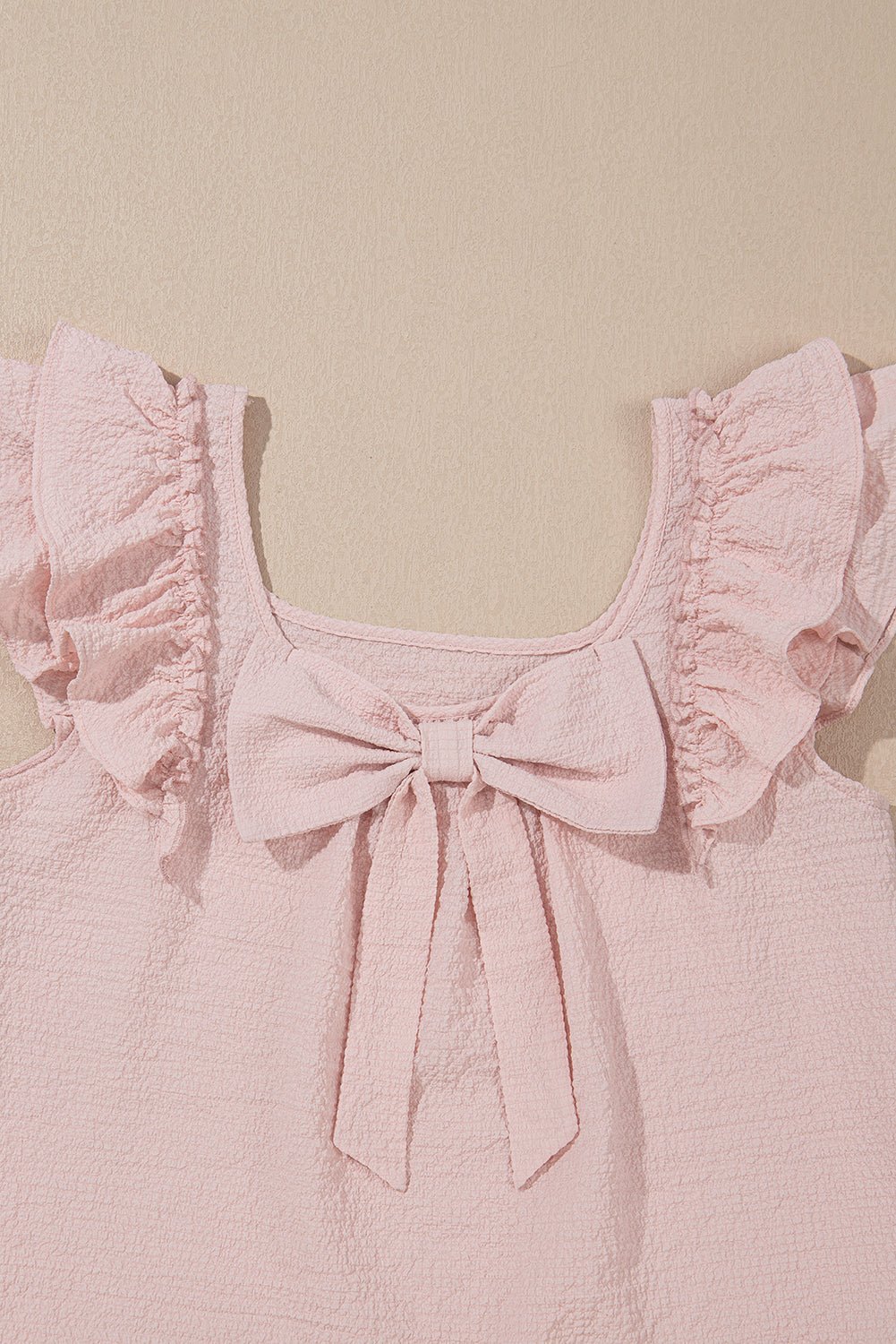 Gossamer Pink Textured Bow Frilled Ruffle Sleeve Blouse - MAD RUFFI
