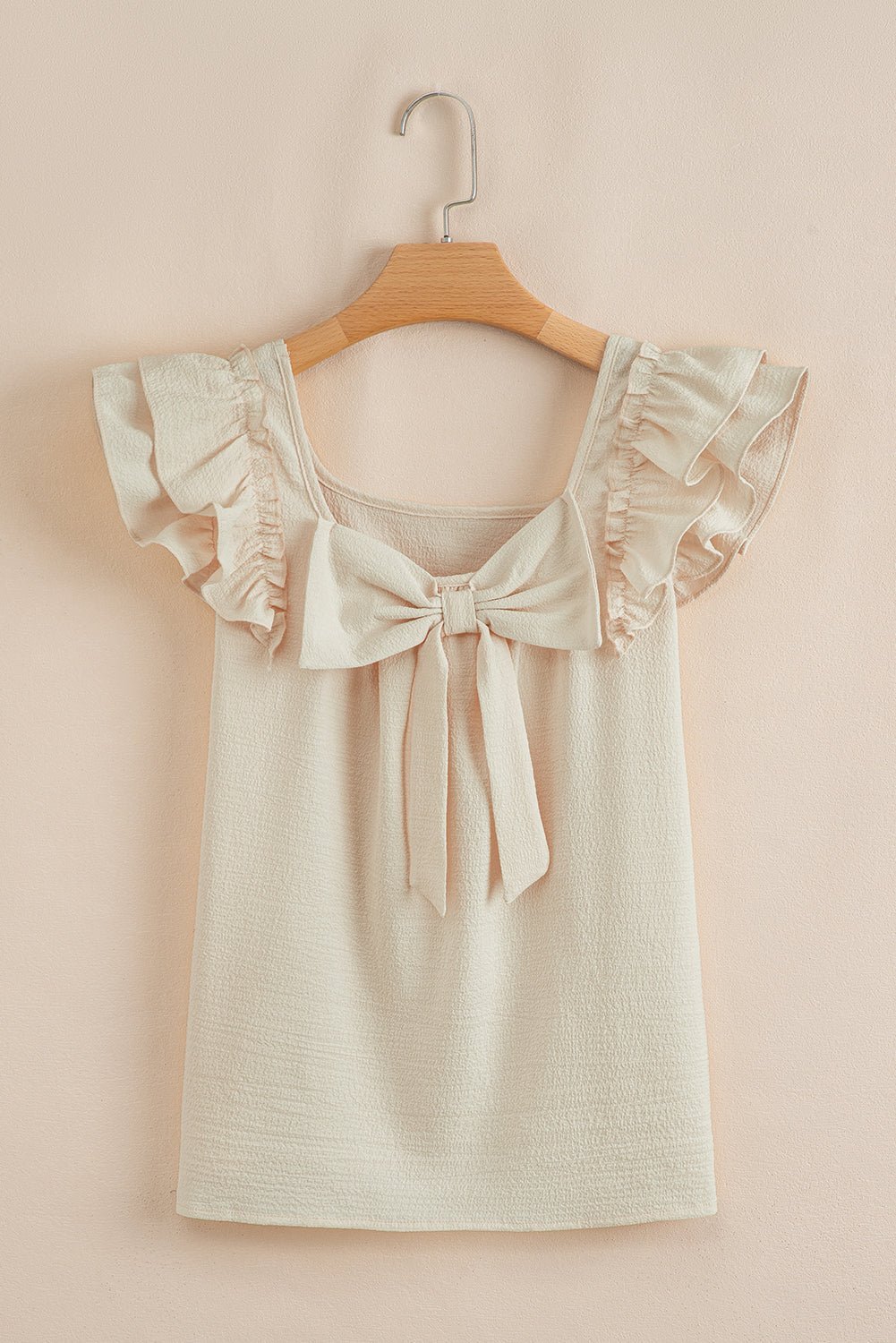 Gossamer Pink Textured Bow Frilled Ruffle Sleeve Blouse - MAD RUFFI