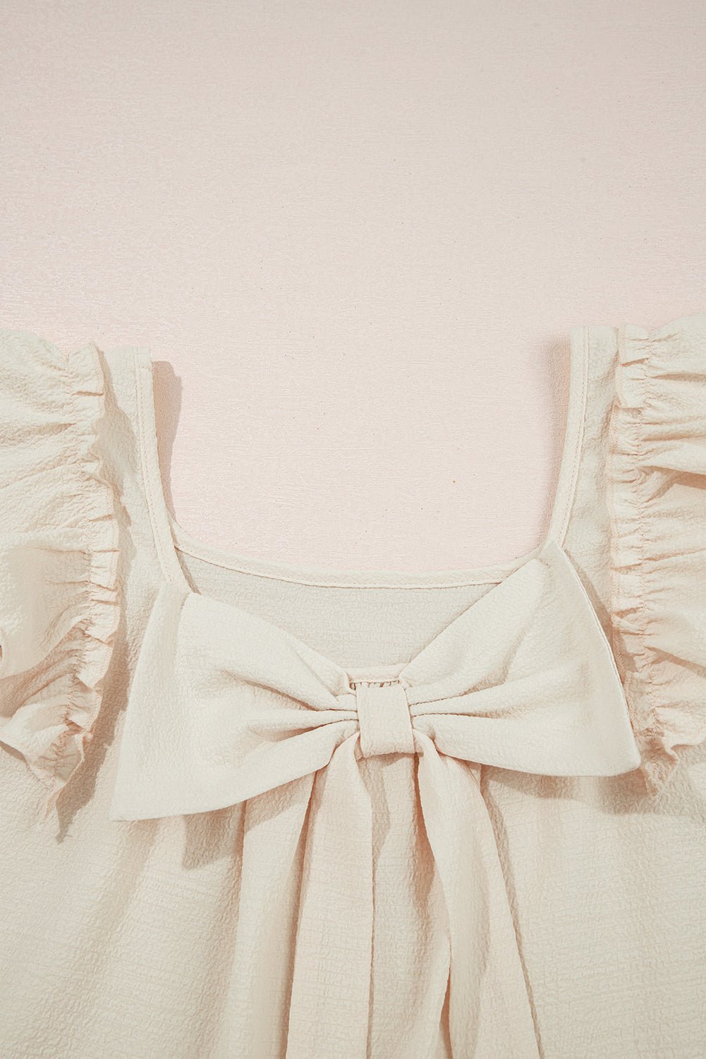 Gossamer Pink Textured Bow Frilled Ruffle Sleeve Blouse - MAD RUFFI